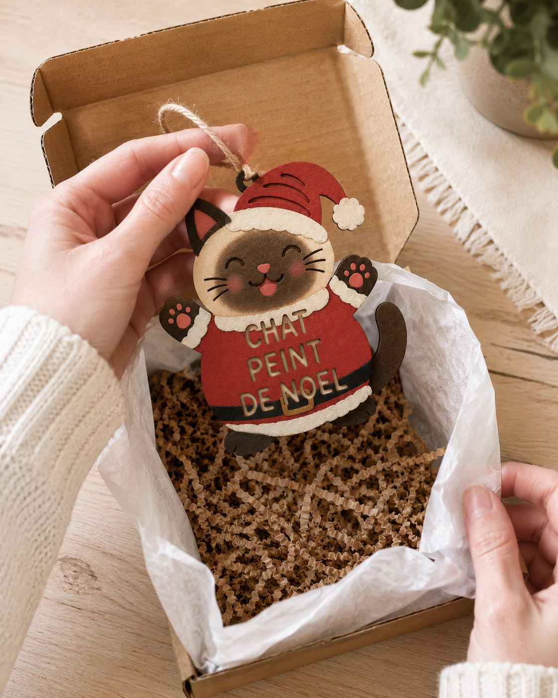 Client qui découvre le Chat Peint de Noël