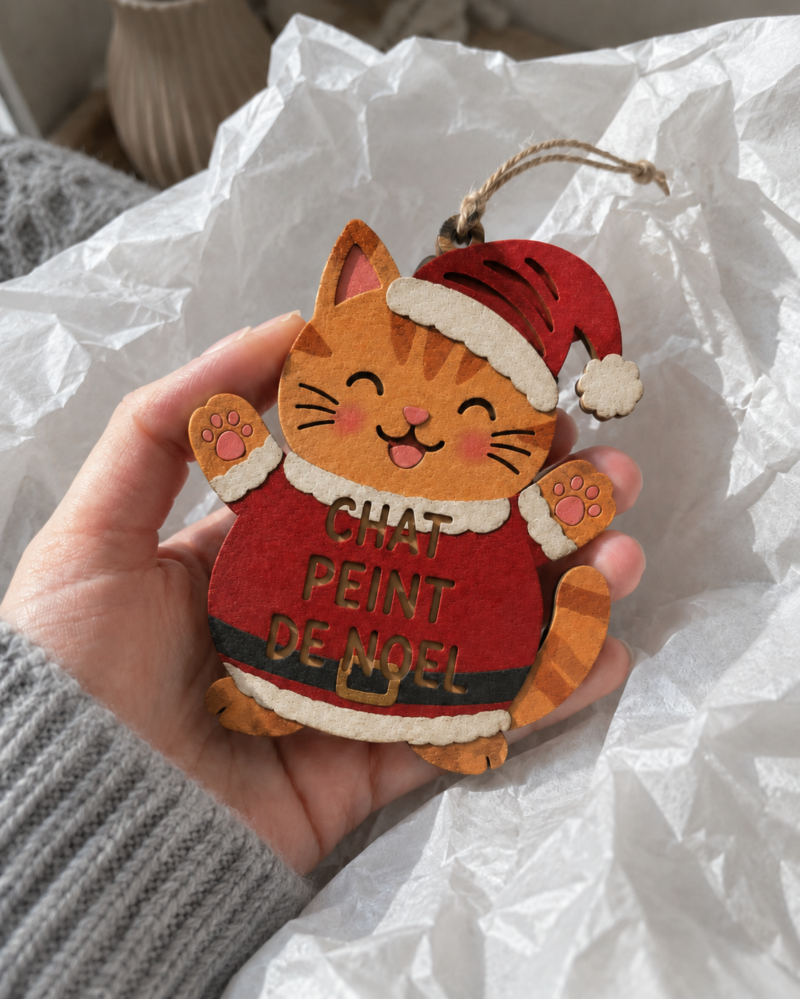 Chat Peint de Noël tenu en main après ouverture