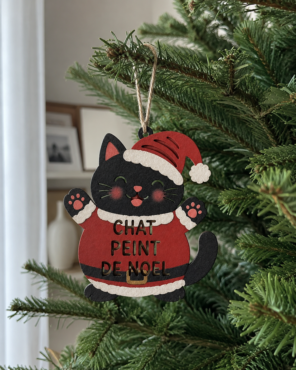 Chat Peint de Noël dans des branches de sapin
